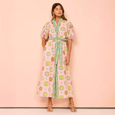 Women’s Midi Dress – Relaxed Fit – Lantern Sleeve – Button Down – Graffiti Print – Belted