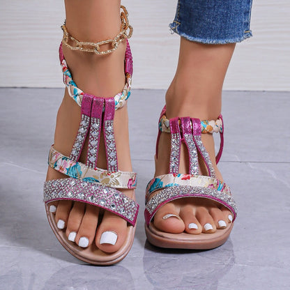 Women’s Wedge Sandals – Medium Heel – Rhinestone T-Strap – Braided Ankle Strap