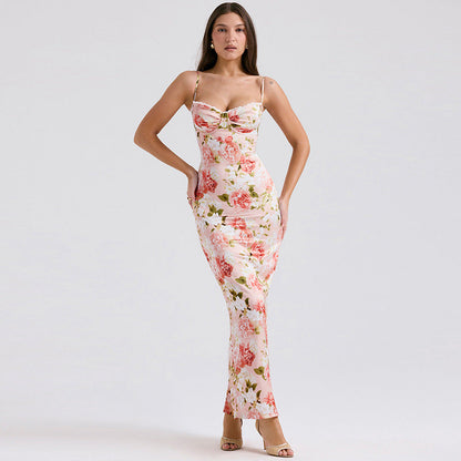 Women’s Long Dress – Slim Fit Satin – Spaghetti Straps – Floral Print – Structured Bodice
