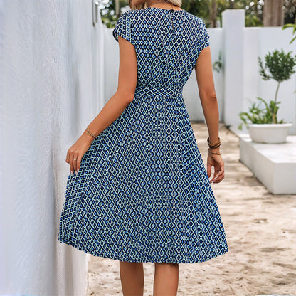 Women’s Midi Dress – Relaxed Fit – Tie Waist – Short Sleeve – Breathable Blend – Graphic Pattern