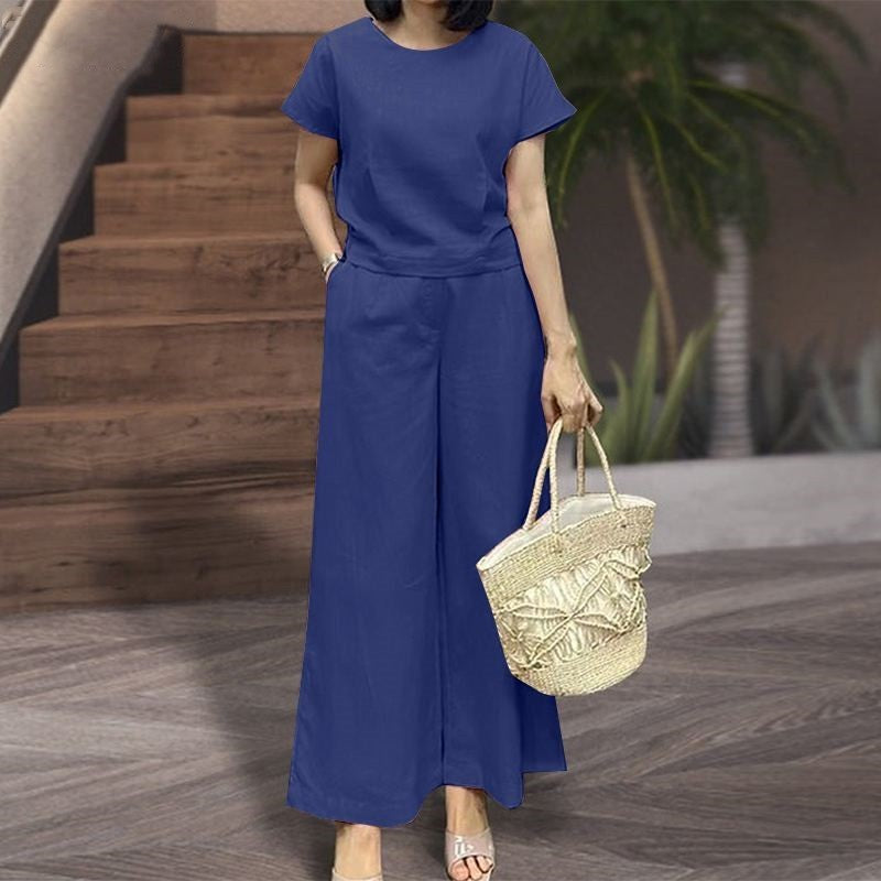 Women’s Two-Piece Set – Relaxed Fit – Soft Knit – Crew Neck Top – Wide-Leg Trousers