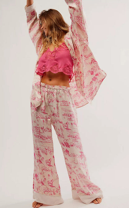 Women’s Pajama Set – Silk – Relaxed Fit – Button-Up Top – Wide-Leg – Printed Design