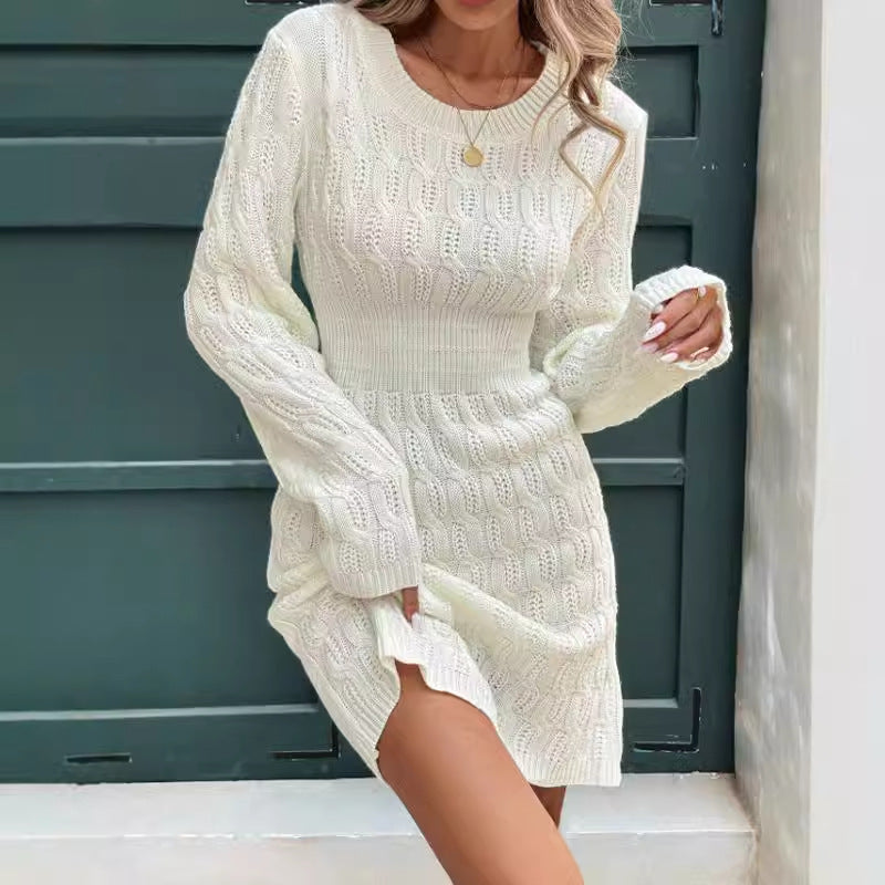 Women’s Sweater Dress – Slim Fit Cable Knit – Ribbed Waist – Long Sleeve Mini
