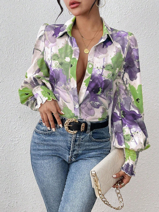 Women’s Blouse – Button-Down Style – Long Puff Sleeves – Bold Floral Print – Collared Neck