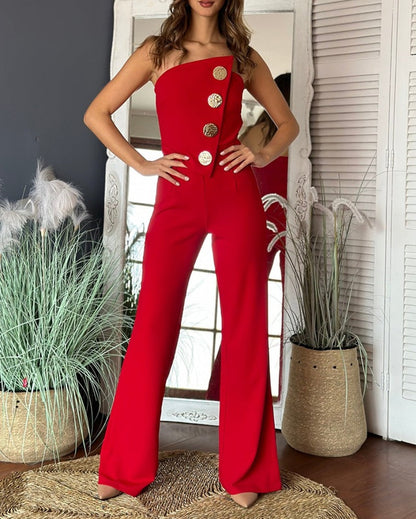 Women’s Flared Jumpsuit – Strapless Tube Top – Tailored Fit – Decorative Button Detail