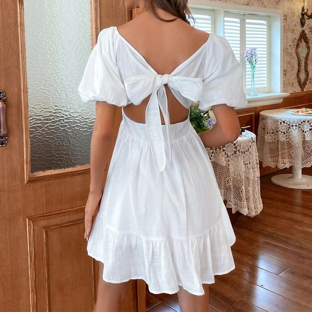 Women’s Mini Dress – Cotton Blend – Square Neck – Puff Sleeve – Flared Skirt