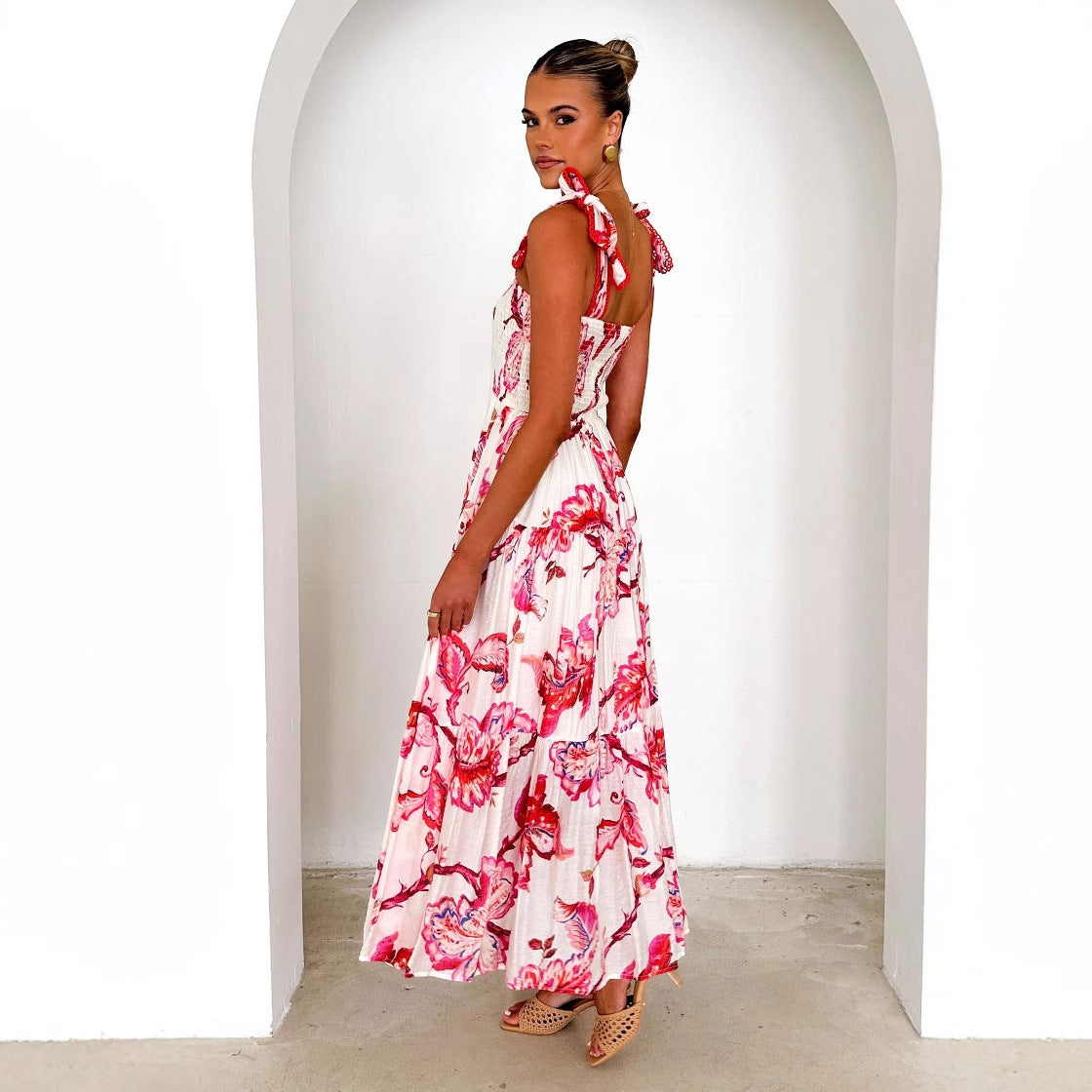 Women’s Maxi Dress – Shirred Bodice – Adjustable Tie Straps – Tiered A-Line Skirt – Floral Print