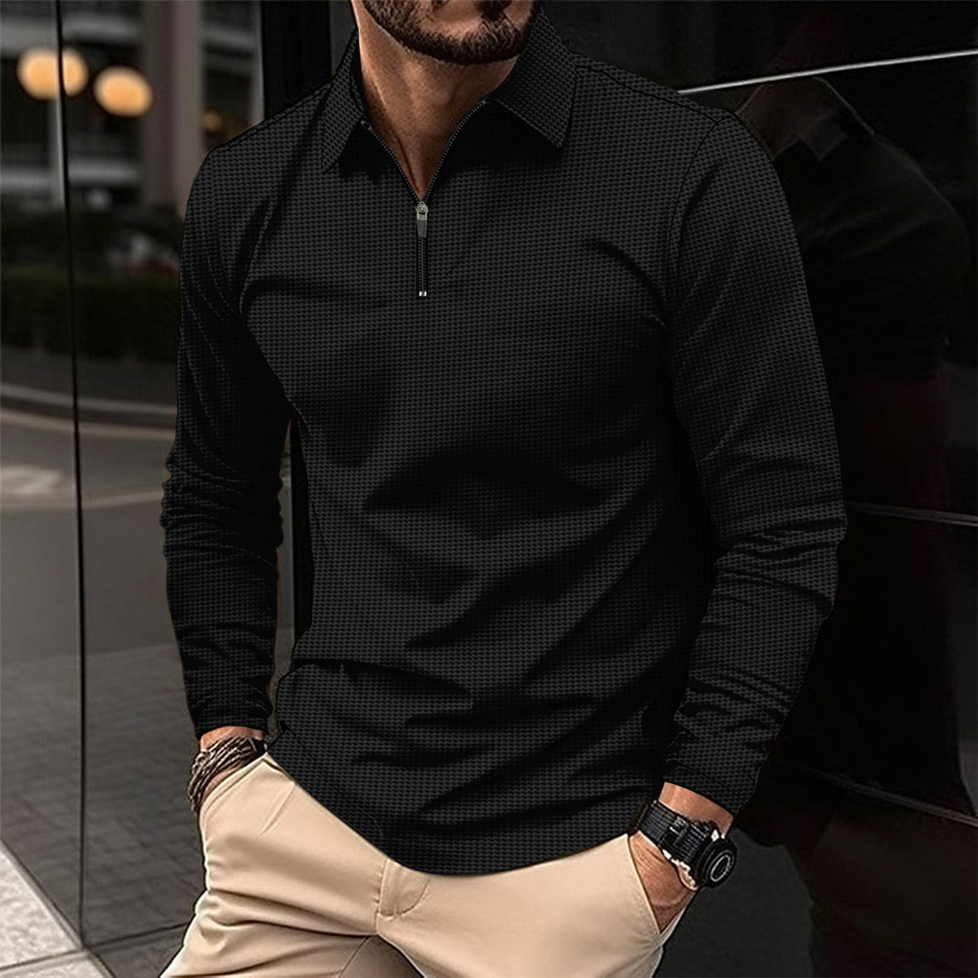 Men’s Long Sleeve Shirt – Slim Fit – Zip Collar – Stretch Fabric