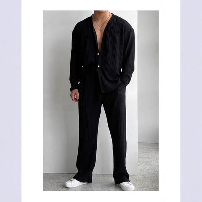 Men’s Matching Set – Relaxed Fit – Pleated Texture – Collarless Shirt & Straight-Leg Pants