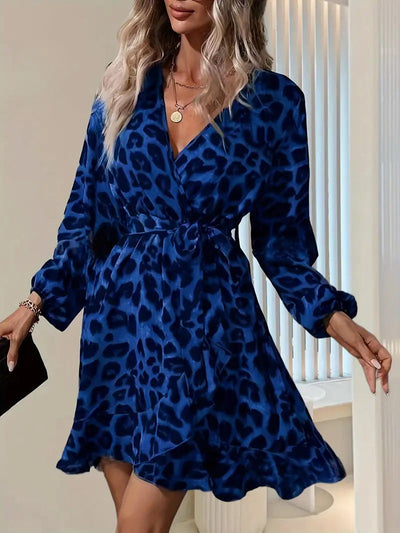 Women’s Wrap Midi Dress – Tailored Fit – V-Neck – Tie Waist – Balloon Sleeve – Leopard Print