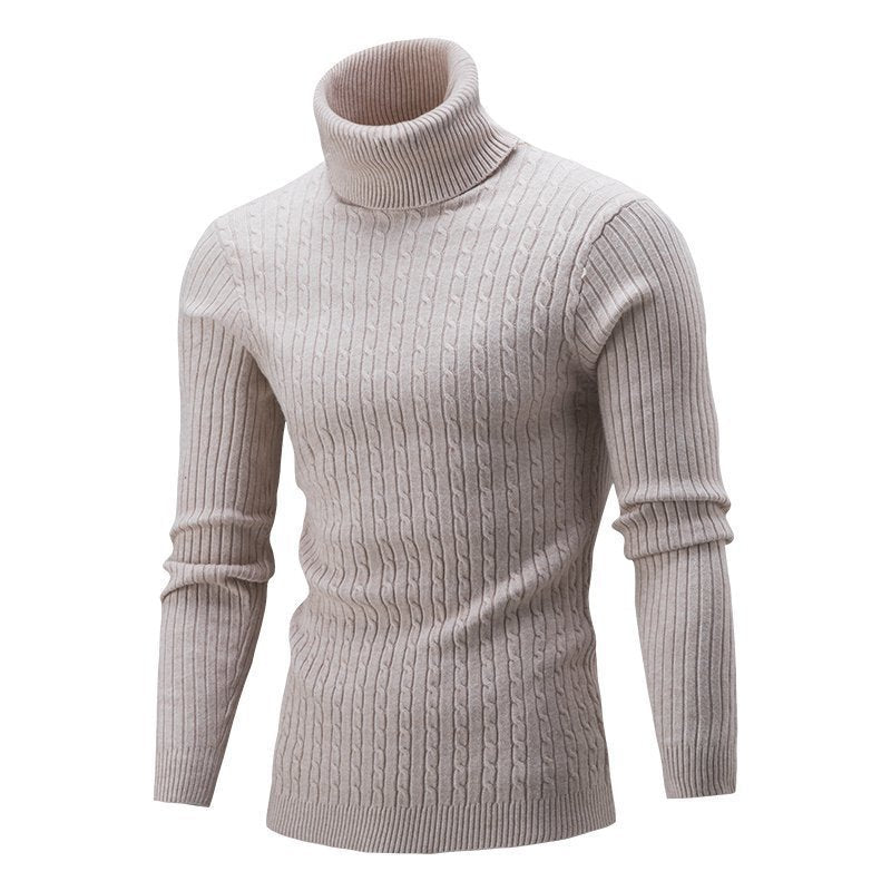 Men’s Turtleneck Sweater – Slim Fit – Wool Knit – Cable Pattern – Ribbed Hem