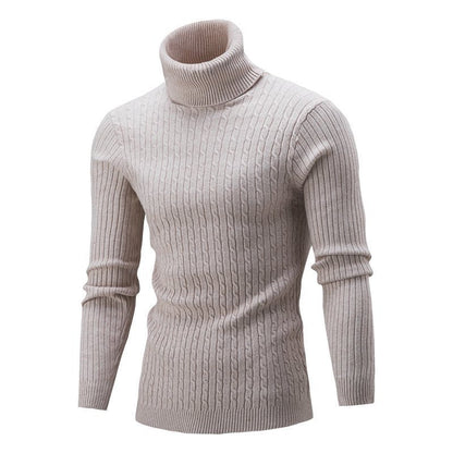 Men’s Turtleneck Sweater – Slim Fit – Wool Knit – Cable Pattern – Ribbed Hem