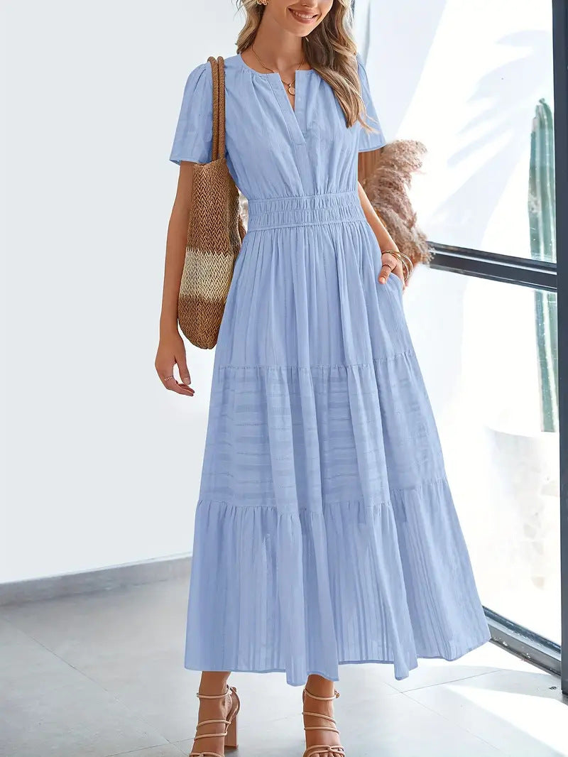 Women’s Maxi Dress – V-Neck – Puff Sleeve – Ruched Waist – Tiered A-Line Fit