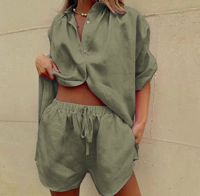 Women’s Two-Piece Set – Lightweight Linen Blend – Relaxed Fit Shirt and Drawstring Shorts