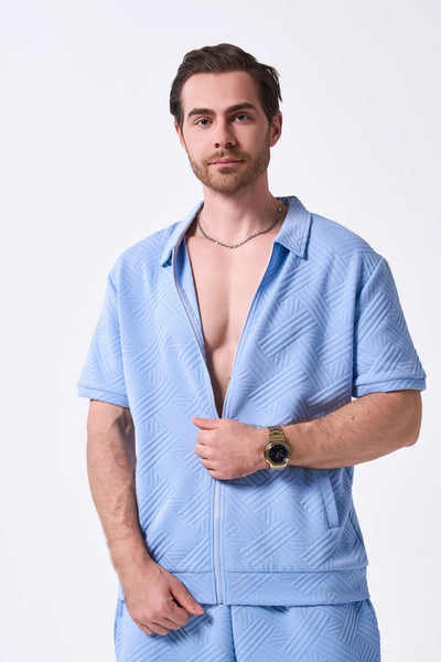 Men’s Short Sleeve Shirt – Relaxed Fit – Zip Front – Textured Cotton Blend – Geometric Pattern