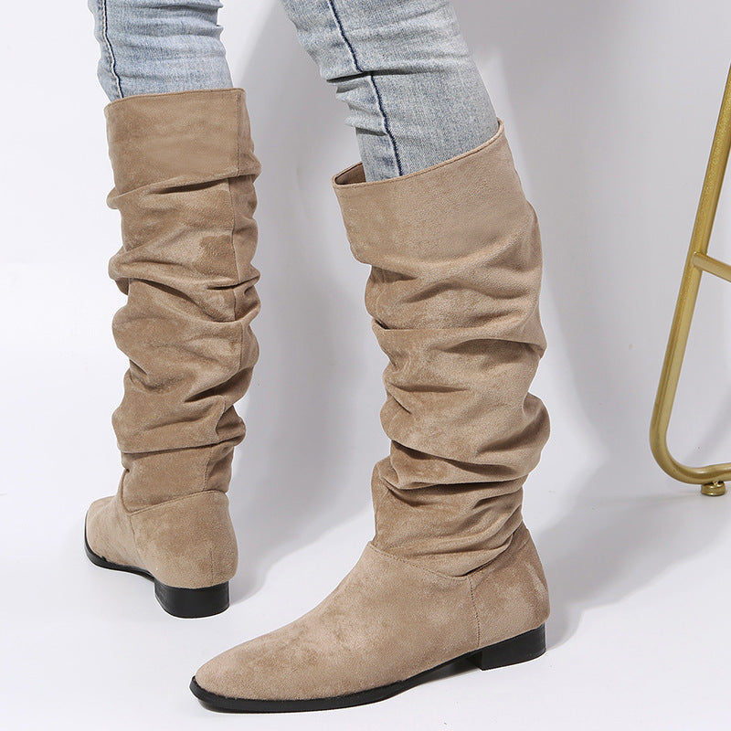 Women’s Knee-High Boots – Suede – Pointed Toe – Slip-On – Flat Sole Relaxed Fit