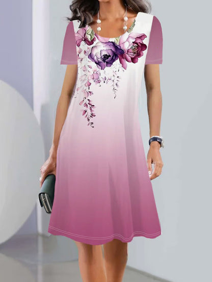 Women’s A-Line Dress – Floral Print – Scoop Neck – Short Sleeve – Cotton – Knee Length