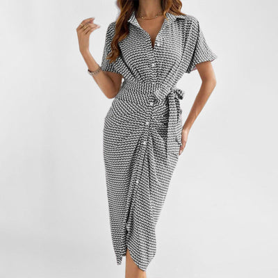 Women’s Midi Dress – Slim Fit – V-Neck – Short Sleeve – Button Front – Tie Waist