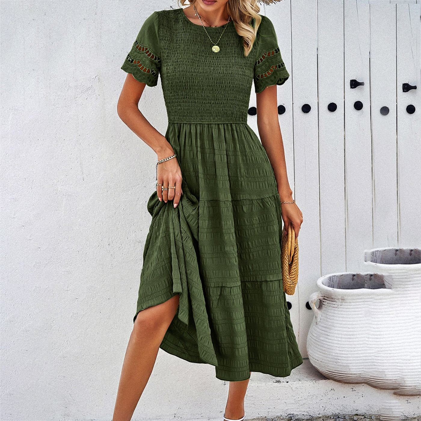 Women’s Midi Dress – Smocked Bodice – Tiered Skirt – Cut-Out Sleeves – Cotton Blend