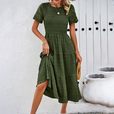 Women’s Midi Dress – Smocked Bodice – Tiered Skirt – Cut-Out Sleeves – Cotton Blend