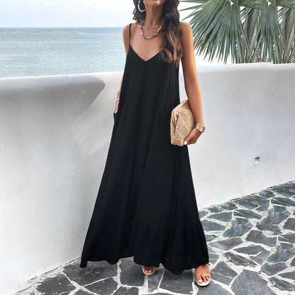 Women’s Maxi Dress – A-Line Fit – V-Neck Lace – Lightweight Cotton Blend – Sleeveless