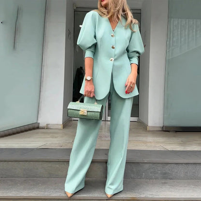 Women’s Blazer and Trousers Set – Structured Fit – Lantern Sleeve – Formal Wear