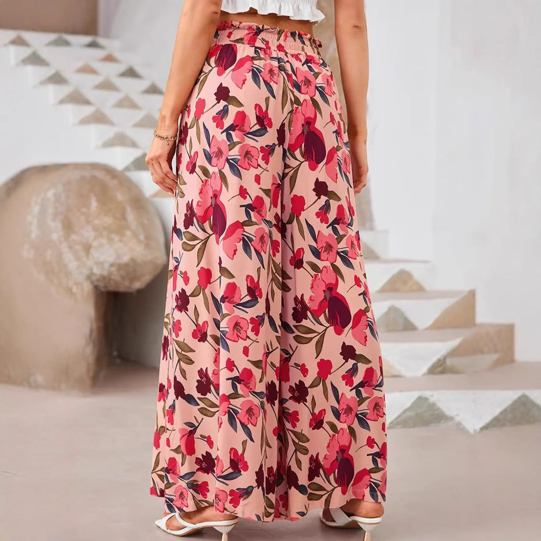 Women’s Wide-Leg Pants – Chiffon – High Waist – Floral Print – Drawstring Elastic Waist