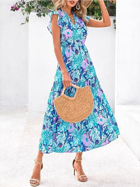 Women’s Mid-Length Dress – V-Neck – Flutter Sleeves – Relaxed Fit – Breathable Blend – Printed Pattern