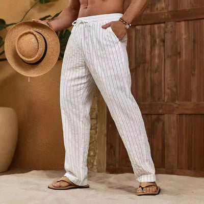 Men’s Trousers – Cotton Linen Blend – Relaxed Fit – Straight Leg – Drawstring Waist