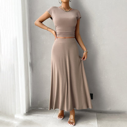 Women’s Dress Set – Slim Fit Crop Top – Ruched Waist – Full-Length Flowing Skirt