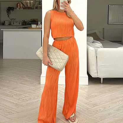Women’s Two-Piece Set – Sleeveless Crop Top – High-Waist Relaxed Trousers – Textured Fabric