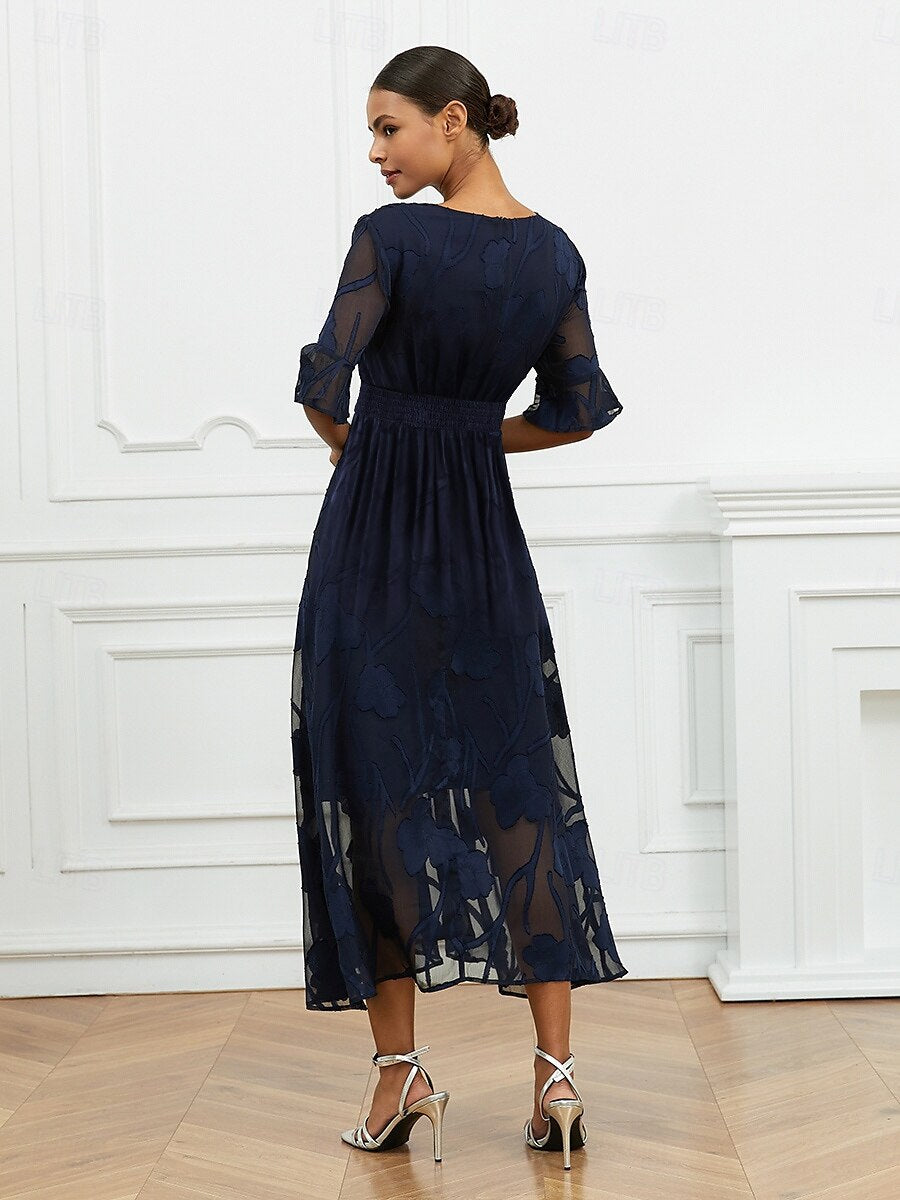 Women’s Maxi Dress – Lace Overlay – V-Neck – Flutter Sleeve – Elegant Fit