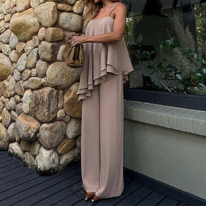 Women’s Two-Piece Set – Asymmetric Draped Top – Sleeveless – Straight-Leg Relaxed Pants