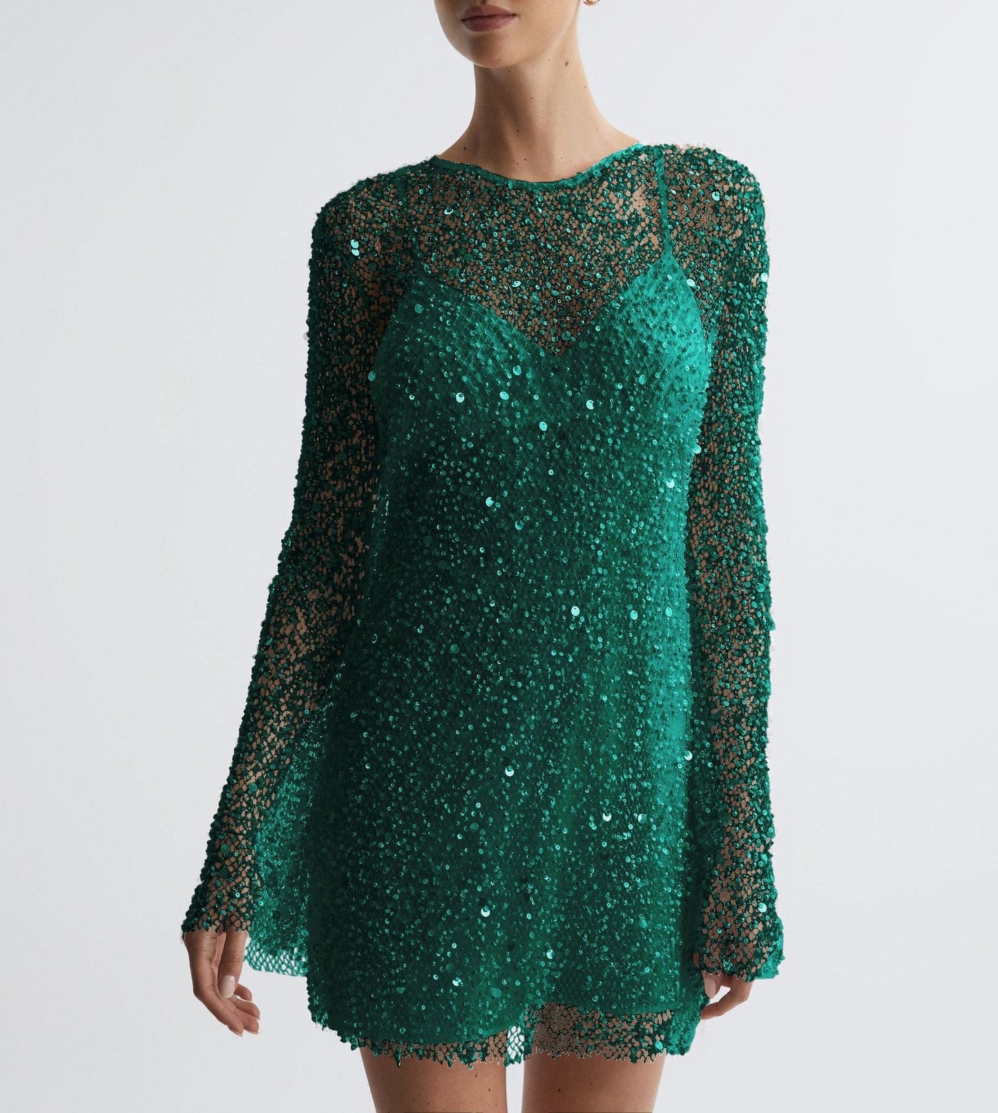 Women’s Cocktail Dress – Fitted Silhouette – Sequin Overlay – Long Sleeve Mini