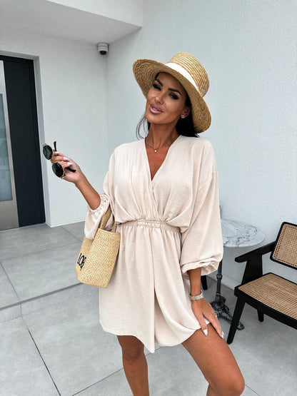 Women’s V-Neck Dress – Lightweight Breathable Fabric – Cinched Waist – Long Sleeve