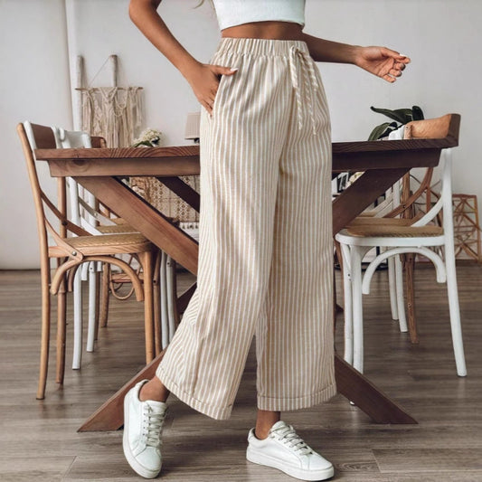 Women’s Wide-Leg Trousers – Cotton Blend – Relaxed Fit – Striped – Drawstring Waist