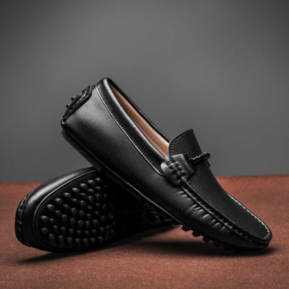 Men’s Loafers – Slip-On Leather – Metal Buckle – Round Toe – Textured Sole