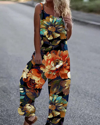 Women’s Jumpsuit – Artistic Floral Pattern – Relaxed Fit – Wide Leg – Adjustable Straps