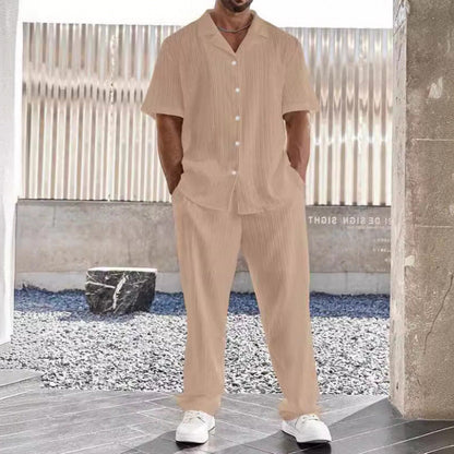 Men’s Casual Set – Lightweight Button-Up Shirt & Straight Leg Trousers – Relaxed Fit