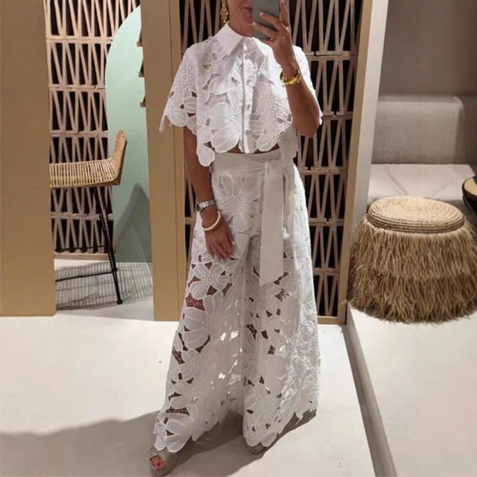 Women’s Two-Piece Set – Lace Crop Top – Wide-Leg Sheer Floral Pants – Scalloped Detail