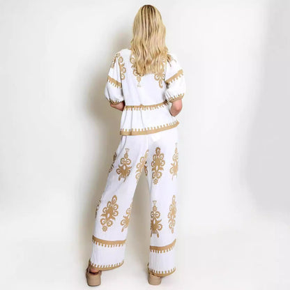 Women's Two-Piece Set – Lightweight Relaxed Fit Tie-Front Top and Wide-Leg Trousers