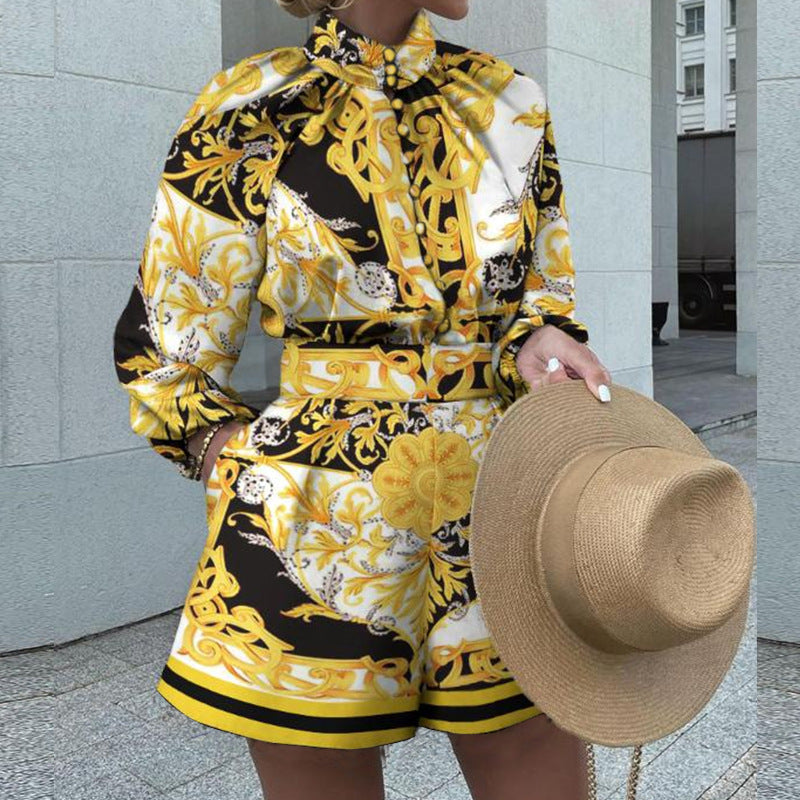 Women's Two-Piece Set - Long-Sleeved Top and Shorts - Printed Design - Elegant Style