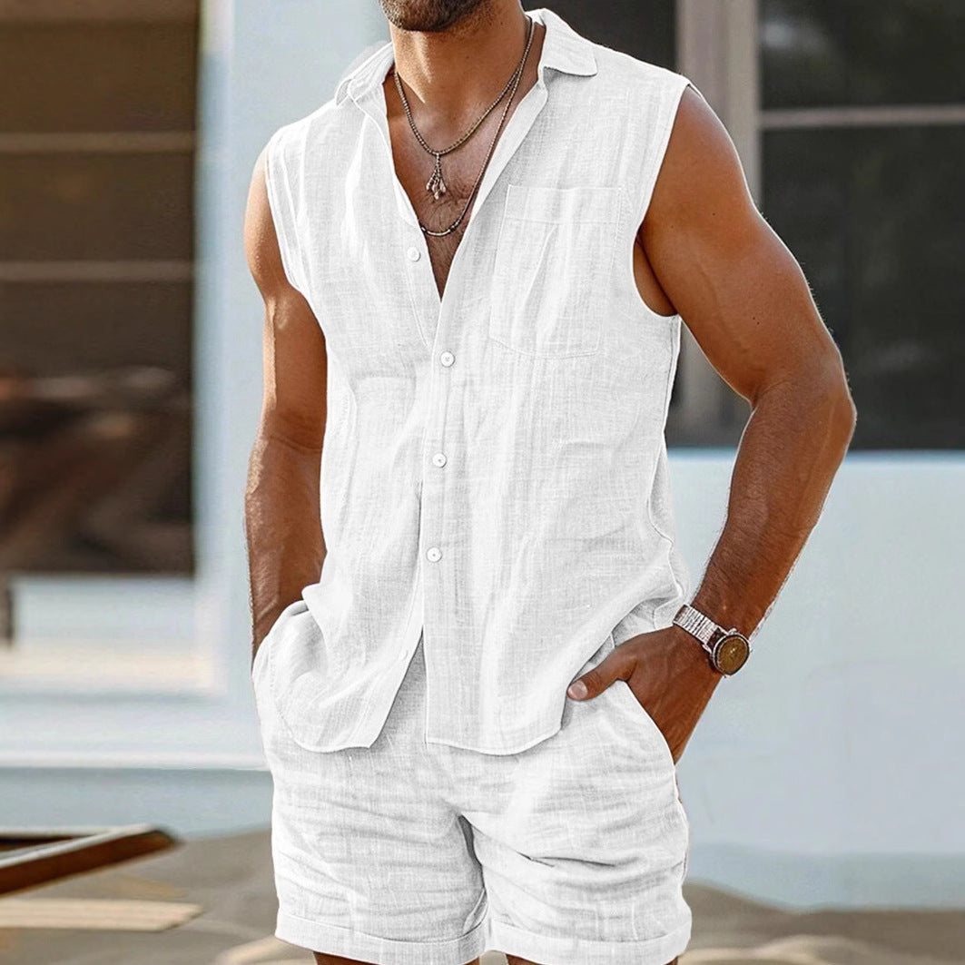 Men’s Shirt and Shorts Set – Cotton Linen – Relaxed Fit – Button-Up Casual Wear