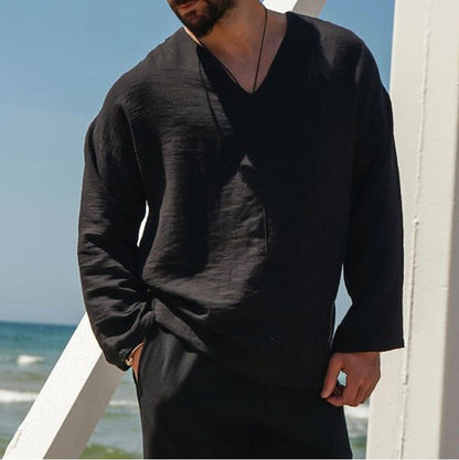 Men’s Linen Shirt – Relaxed Fit – V-Neck – Long Sleeve – Breathable Casual Wear