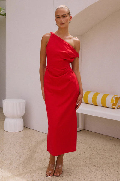 Women’s Midi Dress – Slim Fit – One Shoulder – Draped Bodice – Minimalist Elegant Style