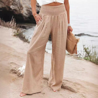 Women’s Wide Leg Trousers – Relaxed Fit – Breathable Blend – Elastic Waist Comfort