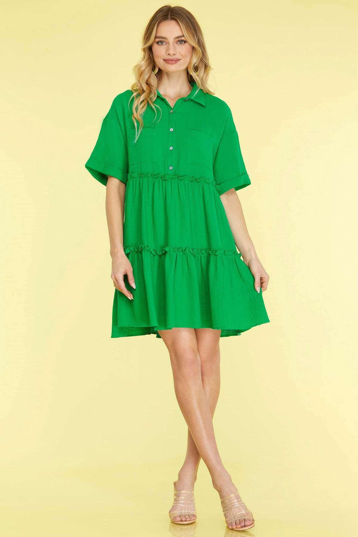 Women’s Mini Dress – Cotton Linen Blend – Loose Fit – Tiered – Collared Short Sleeve