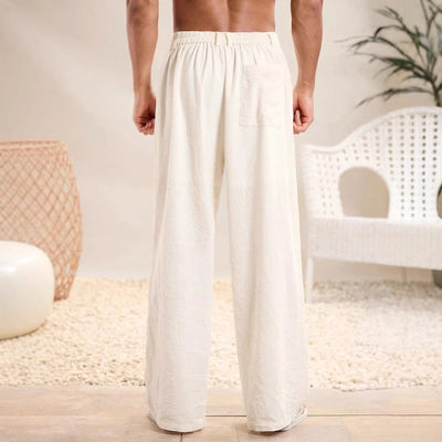 Men’s Trousers – Cotton Linen Blend – Relaxed Fit – Elastic Waist – Full Length