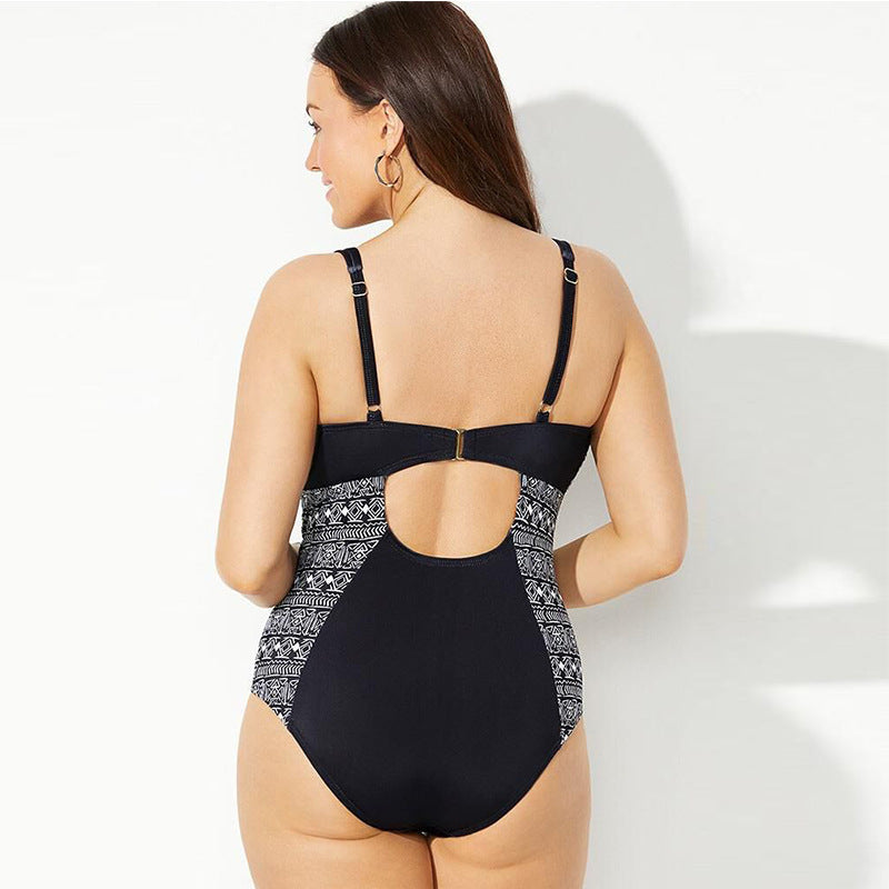 Women’s One-Piece Swimsuit – Stretch Fit – Plunging Neck – Strappy Front – Printed