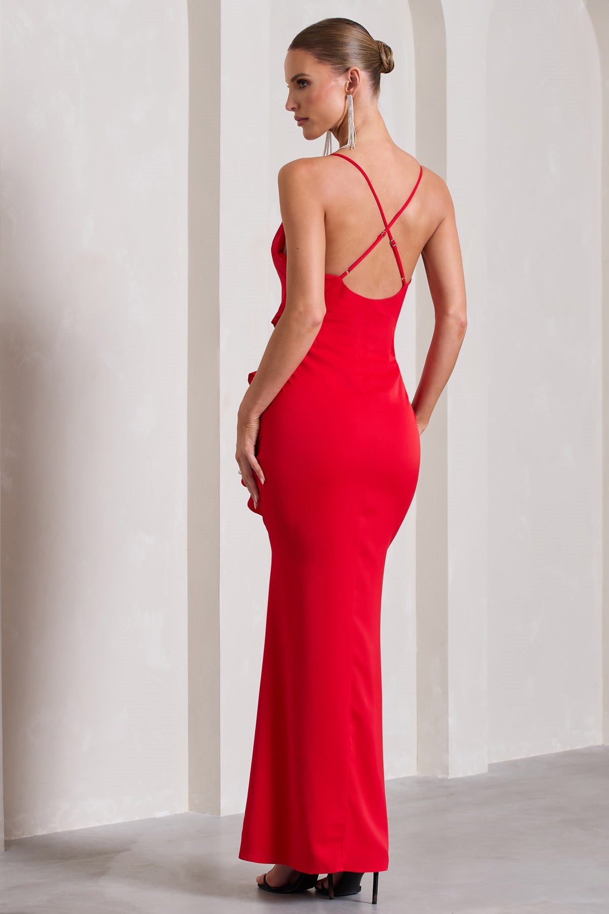 Women's Evening Maxi Dress - Deep V-Neck - Elegant Ruffle Design - Side Slit